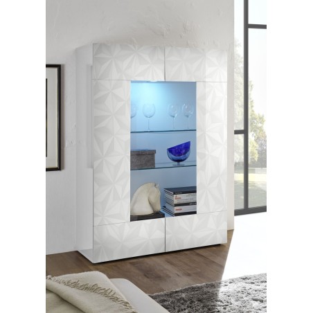Vitrine - PARIGI - Blanc Laqué Brillant & Relief Sérigraphie - 2 Portes - 121 x 43 x 166 cm