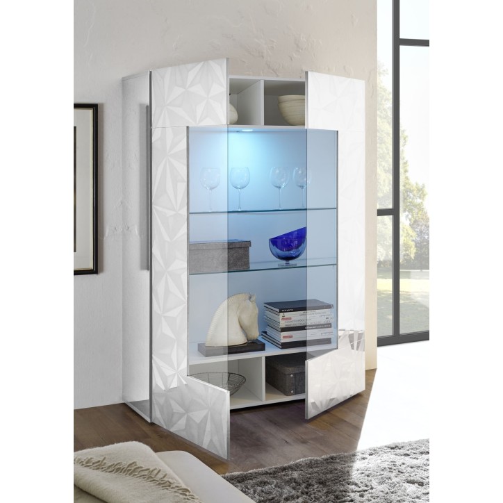 Vitrine - PARIGI - Blanc Laqué Brillant & Relief Sérigraphie - 2 Portes - 121 x 43 x 166 cm Vitrine - PARIGI - Blanc Laqué Brillant & Relief Sérigraphie - 2 Portes - 121 x 43 x 166 cm