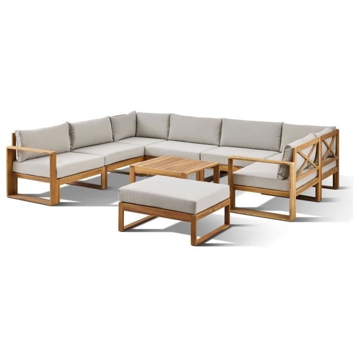 Salon de jardin d'angle modulable LEVATA XXL - Bois d'acacia FSC - 9 personnes - Gris de lin + Housse incluse Salon de jardin d'angle modulable LEVATA XXL - Bois d'acacia FSC - 9 personnes - Gris de lin + Housse incluse