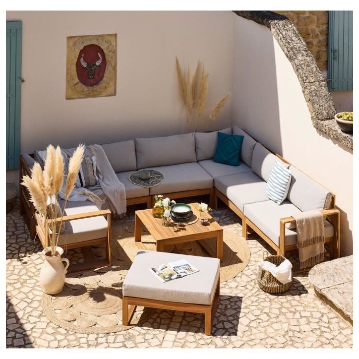 Salon de jardin d'angle modulable LEVATA XXL - Bois d'acacia FSC - 9 personnes - Gris de lin + Housse incluse Salon de jardin d'angle modulable LEVATA XXL - Bois d'acacia FSC - 9 personnes - Gris de lin + Housse incluse