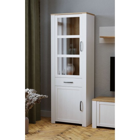 Vitrine haute BOHOL Blanche - 2 portes dont 1 vitrée + 1 tiroir - L 71,7 x P 42 x H 205,4 cm