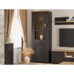 Vitrine Haute BOHOL Noire – 2 Portes dont 1 Vitrée + 1 Tiroir – L 71,7 × P 42 × H 205,4 cm
