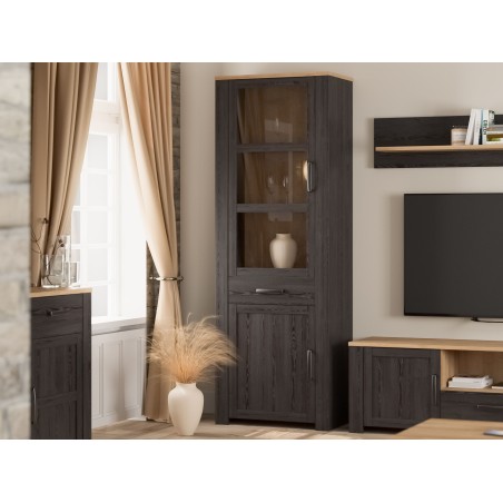 Vitrine Haute BOHOL Noire – 2 Portes dont 1 Vitrée + 1 Tiroir – L 71,7 × P 42 × H 205,4 cm