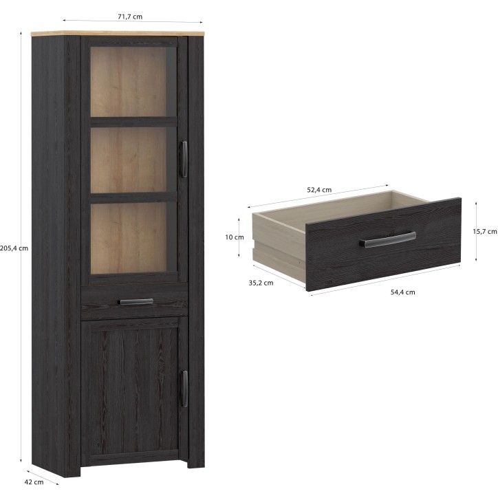 Vitrine Haute BOHOL Noire – 2 Portes dont 1 Vitrée + 1 Tiroir – L 71,7 × P 42 × H 205,4 cm Vitrine Haute BOHOL Noire – 2 Portes dont 1 Vitrée + 1 Tiroir – L 71,7 × P 42 × H 205,4 cm