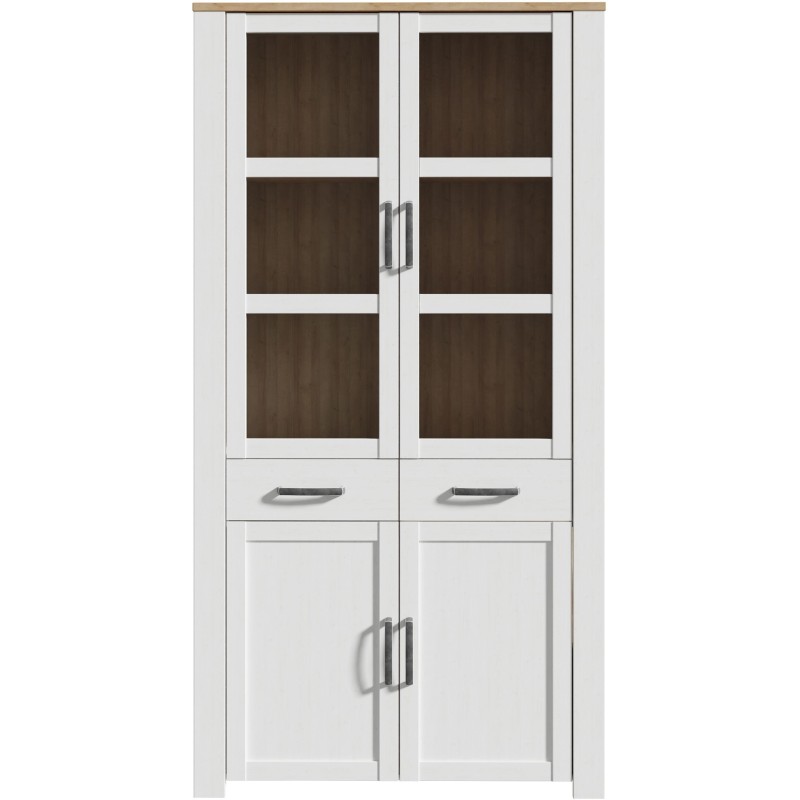 Vitrine Large BOHOL Blanche – 4 Portes dont 2 Vitrées + 2 Tiroirs