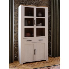 Vitrine Large BOHOL Blanche – 4 Portes dont 2 Vitrées + 2 Tiroirs – L 106,4 × P 42 × H 205,4 cm