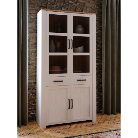 Vitrine Large BOHOL Blanche – 4 Portes dont 2 Vitrées + 2 Tiroirs – L 106,4 × P 42 × H 205,4 cm