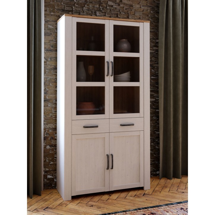 Vitrine Large BOHOL Blanche – 4 Portes dont 2 Vitrées + 2 Tiroirs – L 106,4 × P 42 × H 205,4 cm Vitrine Large BOHOL Blanche – 4 Portes dont 2 Vitrées + 2 Tiroirs – L 106,4 × P 42 × H 205,4 cm