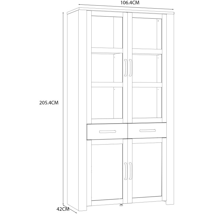 Vitrine Large BOHOL Blanche – 4 Portes dont 2 Vitrées + 2 Tiroirs – L 106,4 × P 42 × H 205,4 cm Vitrine Large BOHOL Blanche – 4 Portes dont 2 Vitrées + 2 Tiroirs – L 106,4 × P 42 × H 205,4 cm