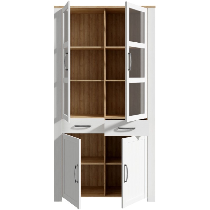 Vitrine Large BOHOL Blanche – 4 Portes dont 2 Vitrées + 2 Tiroirs – L 106,4 × P 42 × H 205,4 cm Vitrine Large BOHOL Blanche – 4 Portes dont 2 Vitrées + 2 Tiroirs – L 106,4 × P 42 × H 205,4 cm