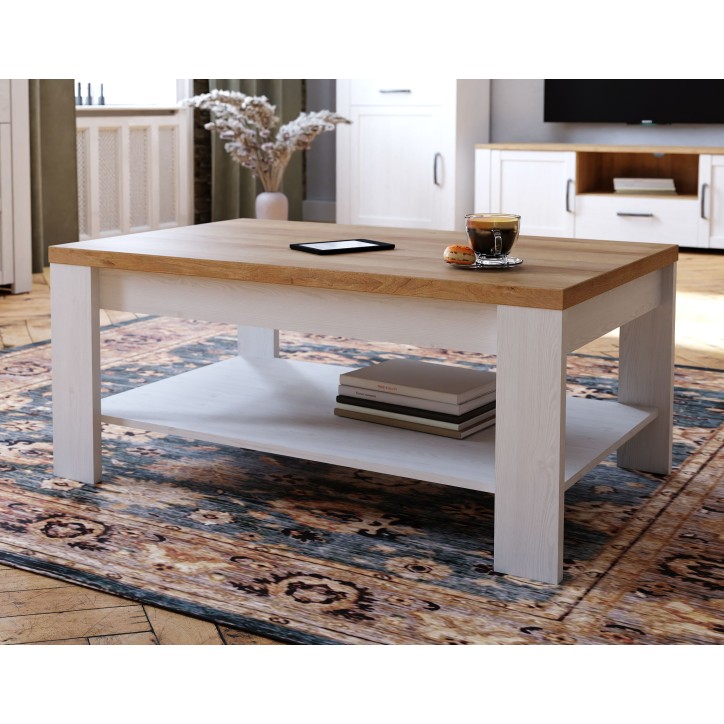 Table Basse Rectangle BOHOL – Chene Blanc & Beige – Double Plateau – L 100 × P 60 × H 45,7 cm Table Basse Rectangle BOHOL – Chene Blanc & Beige – Double Plateau – L 100 × P 60 × H 45,7 cm