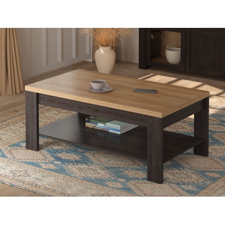 Table Basse Rectangle BOHOL – Chene Noir & Beige – Double Plateau – L 100 × P 60 × H 45,7 cm