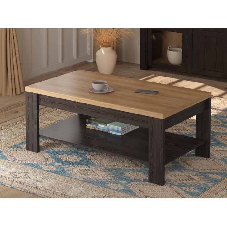 Table Basse Rectangle BOHOL – Chene Noir & Beige – Double Plateau – L 100 × P 60 × H 45,7 cm Table Basse Rectangle BOHOL – Chene Noir & Beige – Double Plateau – L 100 × P 60 × H 45,7 cm