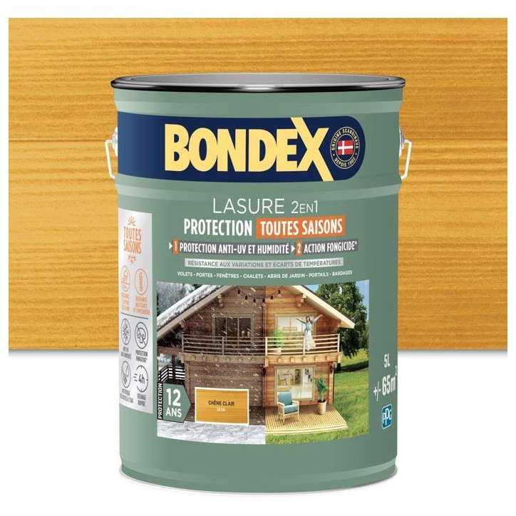 Lasure 2 en 1 protection extérieure - Chene Clair - Satin - Protection 12 ans - Toutes saisons - Bondex - 5L Lasure 2 en 1 protection extérieure - Chene Clair - Satin - Protection 12 ans - Toutes saisons - Bondex - 5L