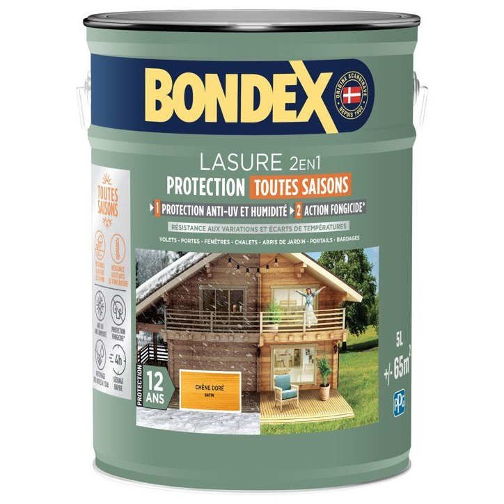 Lasure 2 en 1 protection extérieure - Chene Doré - Satin - Protection 12 ans - Toutes saisons - Bondex - 5L Lasure 2 en 1 protection extérieure - Chene Doré - Satin - Protection 12 ans - Toutes saisons - Bondex - 5L