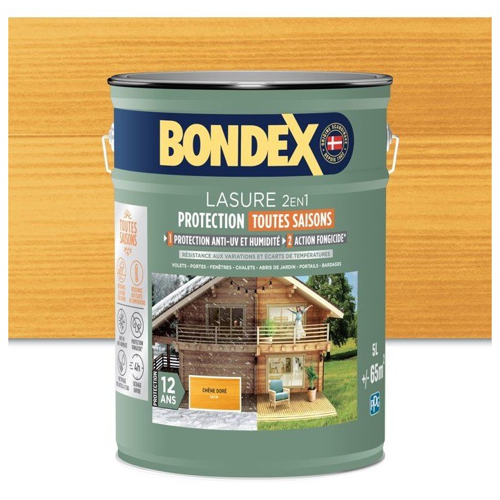 Lasure 2 en 1 protection extérieure - Chene Doré - Satin - Protection 12 ans - Toutes saisons - Bondex - 5L Lasure 2 en 1 protection extérieure - Chene Doré - Satin - Protection 12 ans - Toutes saisons - Bondex - 5L