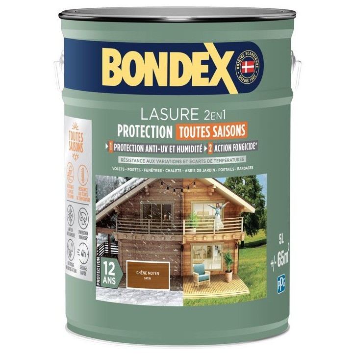 Lasure 2 en 1 protection extérieure - Chene Foncé - Satin - Protection 12 ans - Toutes saisons - Bondex - 5L Lasure 2 en 1 protection extérieure - Chene Foncé - Satin - Protection 12 ans - Toutes saisons - Bondex - 5L