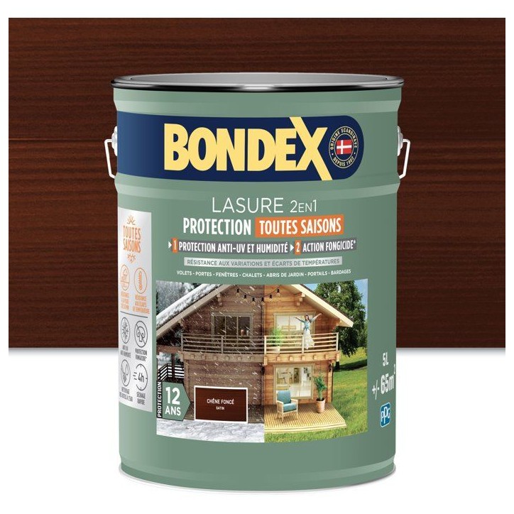 Lasure 2 en 1 protection extérieure - Chene Foncé - Satin - Protection 12 ans - Toutes saisons - Bondex - 5L Lasure 2 en 1 protection extérieure - Chene Foncé - Satin - Protection 12 ans - Toutes saisons - Bondex - 5L