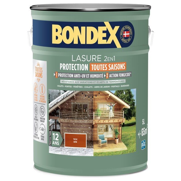 Lasure 2 en 1 protection extérieure - Teck - Satin - Protection 12 ans - Toutes saisons - Bondex - 5L Lasure 2 en 1 protection extérieure - Teck - Satin - Protection 12 ans - Toutes saisons - Bondex - 5L