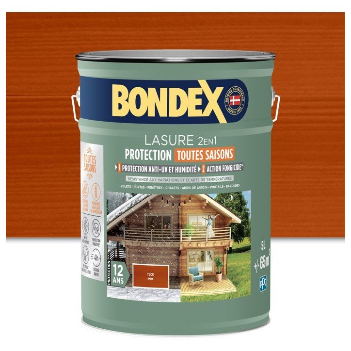 Lasure 2 en 1 protection extérieure - Teck - Satin - Protection 12 ans - Toutes saisons - Bondex - 5L Lasure 2 en 1 protection extérieure - Teck - Satin - Protection 12 ans - Toutes saisons - Bondex - 5L