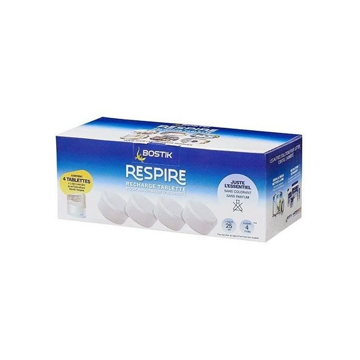 Recharges absorbeur - BOSTIK - Respire - 4 tablettes - Jusqu'a 25 m² - Sans parfum - 4 x 250 g Recharges absorbeur - BOSTIK - Respire - 4 tablettes - Jusqu'a 25 m² - Sans parfum - 4 x 250 g