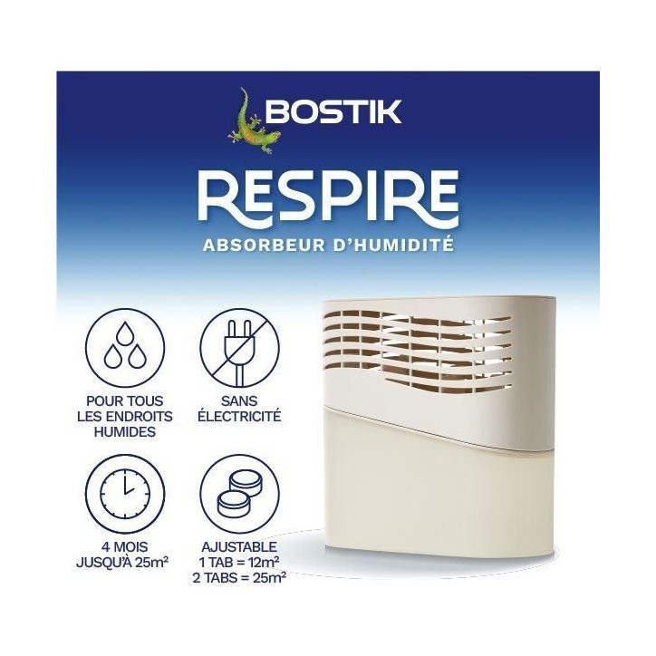 Absorbeur d'humidité - BOSTIK - Respire - Jusqu'a 25 m² - 2 recharges sans parfum - 2 x 250 g Absorbeur d'humidité - BOSTIK - Respire - Jusqu'a 25 m² - 2 recharges sans parfum - 2 x 250 g
