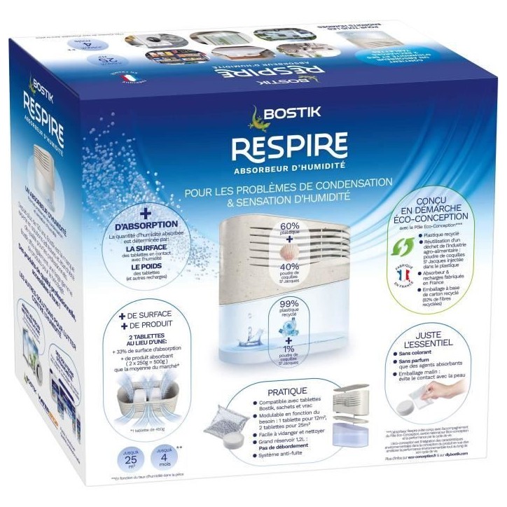 Absorbeur d'humidité - BOSTIK - Respire - Jusqu'a 25 m² - 2 recharges sans parfum - 2 x 250 g Absorbeur d'humidité - BOSTIK - Respire - Jusqu'a 25 m² - 2 recharges sans parfum - 2 x 250 g
