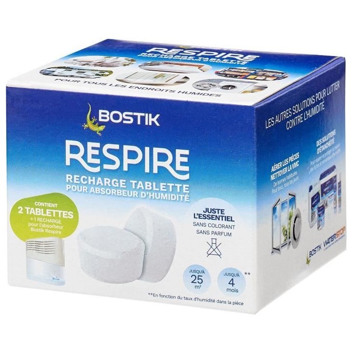 Recharges absorbeur - BOSTIK - Respire - 2 tablettes - Jusqu'a 25 m² - Sans parfum - 2 x 250 g Recharges absorbeur - BOSTIK - Respire - 2 tablettes - Jusqu'a 25 m² - Sans parfum - 2 x 250 g