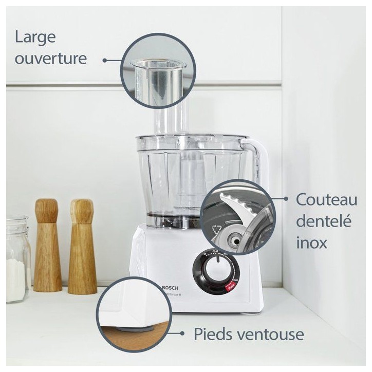 Robot multifonction - BOSCH - B1EMC812S8 - 1250 W - 3,9 L - Variateur de vitesse + Turbo - Blanc / Inox - Livre 80 recettes offe Robot multifonction - BOSCH - B1EMC812S8 - 1250 W - 3,9 L - Variateur de vitesse + Turbo - Blanc / Inox - Livre 80 recettes offe