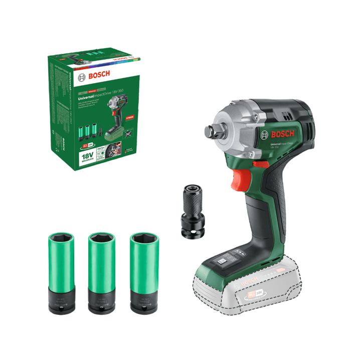 Boulonneuse sans fil BOSCH - UniversalImpactDrive 18V-350 - 18V - 350 Nm - Sans batterie ni chargeur - Avec jeu de douilles x4 Boulonneuse sans fil BOSCH - UniversalImpactDrive 18V-350 - 18V - 350 Nm - Sans batterie ni chargeur - Avec jeu de douilles x4