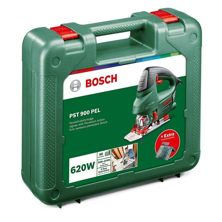 Scie sauteuse filaire BOSCH - PST 900 PEL - 620W - 3100 tr/min - Avec set de 10 lames + mallette Scie sauteuse filaire BOSCH - PST 900 PEL - 620W - 3100 tr/min - Avec set de 10 lames + mallette