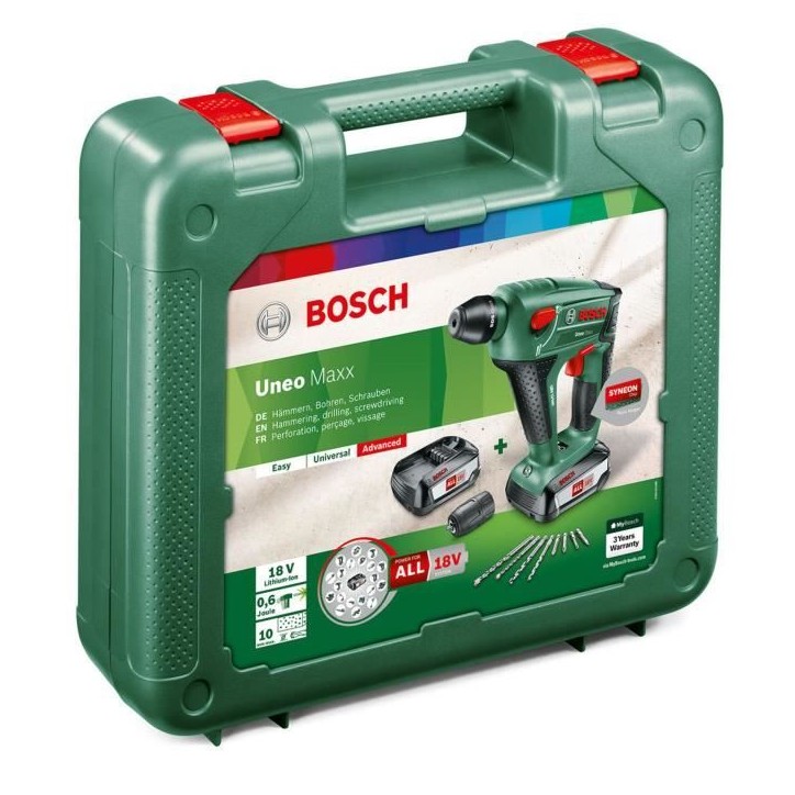 Perforateur sans fil Bosch - Uneo Maxx (Livrée avec 2 batteries 18V-2,5 Ah + chargeur + coffret de transport) Perforateur sans fil Bosch - Uneo Maxx (Livrée avec 2 batteries 18V-2,5 Ah + chargeur + coffret de transport)