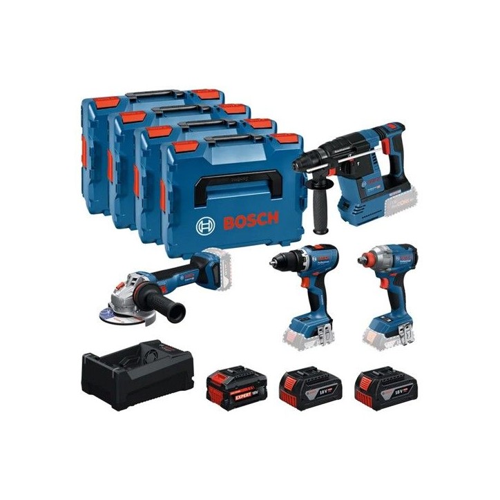 COMBO KIT 4 OUTILS : GSR 18V-65 + GDX 18V-285 + GBH 18V-26 + GWS 18V-11 + GBA 18V 2x5,0Ah + 1x EXBA 18V 5,5Ah + GAL 12V/18V-80 L