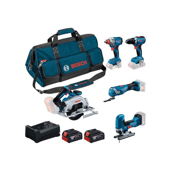 COMBO KIT 5 OUTILS : GSR 18V-65 + GDX 18V-285 + GKS 18V-57-2 + GOP 18V-34 + GST 18V-125 S + GBA 2x 5.0Ah + GAL 12V-18V-80 + sac