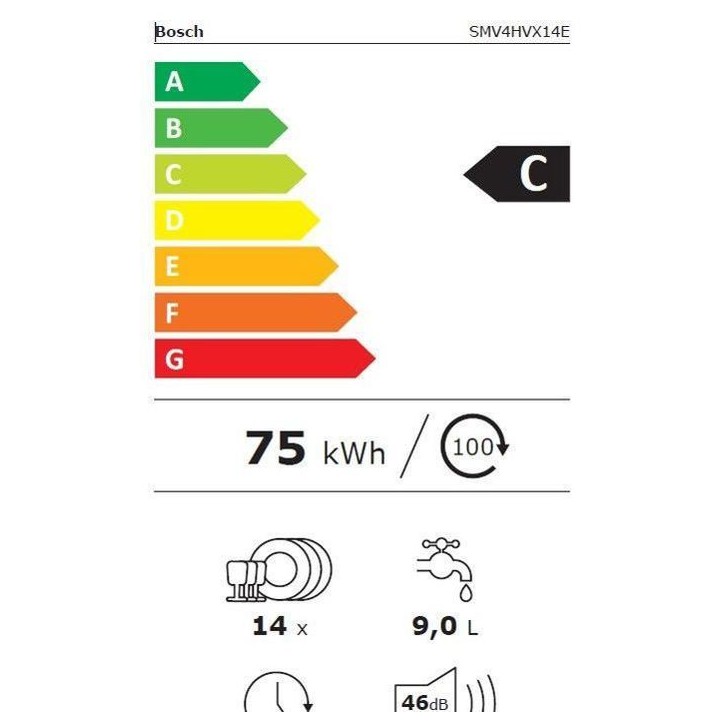 Lave-vaisselle tout encastrable BOSCH SMV4HVX14E SER4 - 14 couverts - 46 dB - Classe C - tiroir a couverts - 6 programmes Lave-vaisselle tout encastrable BOSCH SMV4HVX14E SER4 - 14 couverts - 46 dB - Classe C - tiroir a couverts - 6 programmes