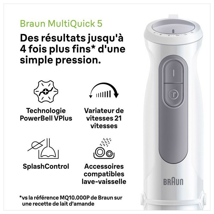 Mixeur plongeant - BRAUN - MultiQuick 5 - 1000 W - 21 vitesses - Gobelet 600 ml - Mini hachoir - Fouet - Blanc Mixeur plongeant - BRAUN - MultiQuick 5 - 1000 W - 21 vitesses - Gobelet 600 ml - Mini hachoir - Fouet - Blanc