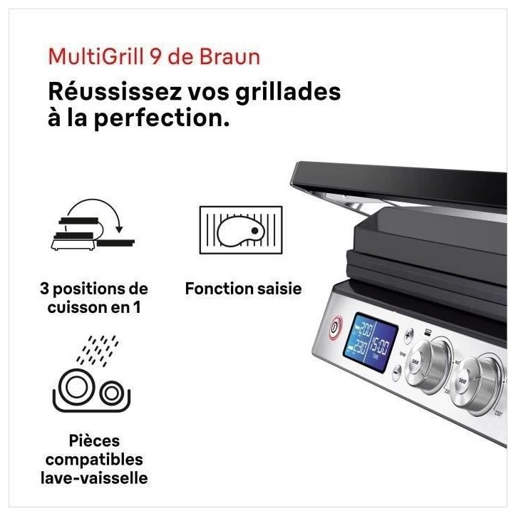 Grill multifonctions - BRAUN - Multi Grill 9 - 2000 W - 3 positions de chauffe - Noir / Acier Grill multifonctions - BRAUN - Multi Grill 9 - 2000 W - 3 positions de chauffe - Noir / Acier