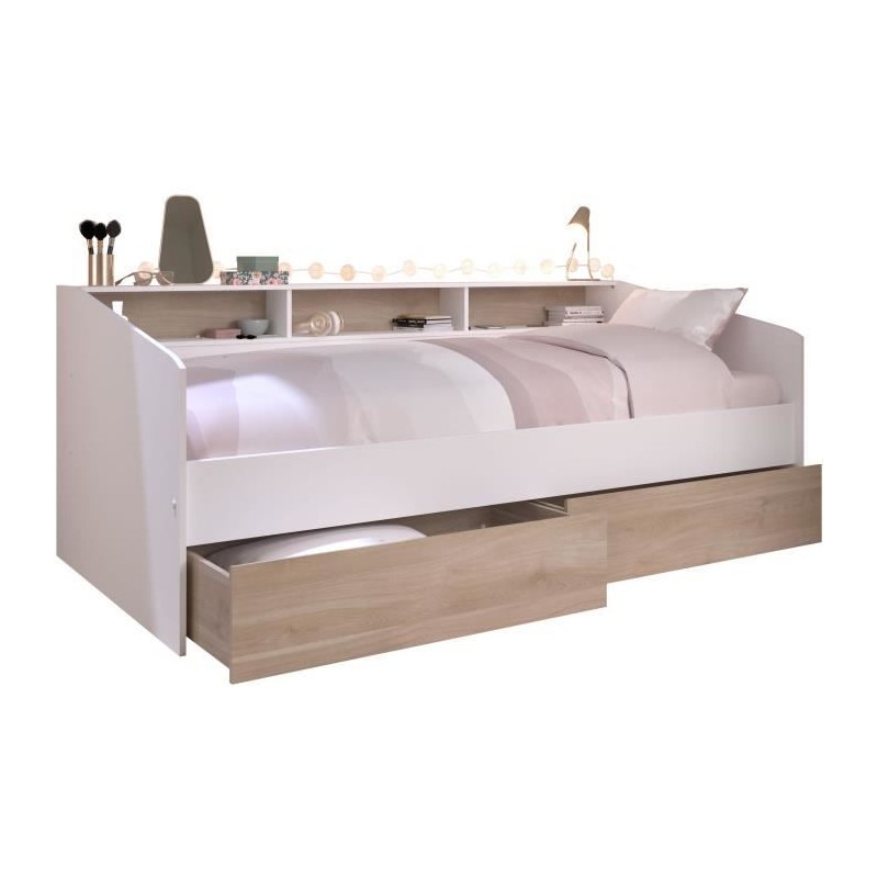 Lit banquette 2 tiroirs 90 x 200/190 cm - MDF - Mat décor chene et bl Lit banquette 2 tiroirs 90 x 200/190 cm - MDF - Mat décor chene et bl