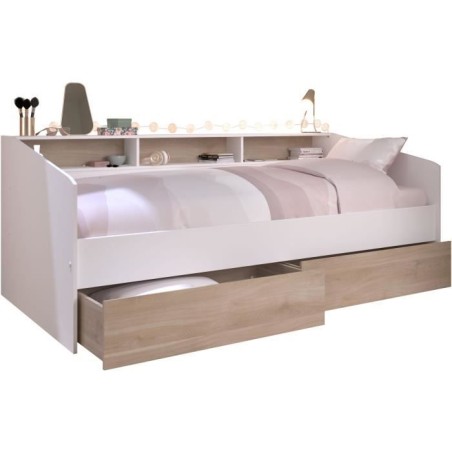 Lit banquette 2 tiroirs 90 x 200/190 cm - MDF - Mat décor chene et bl