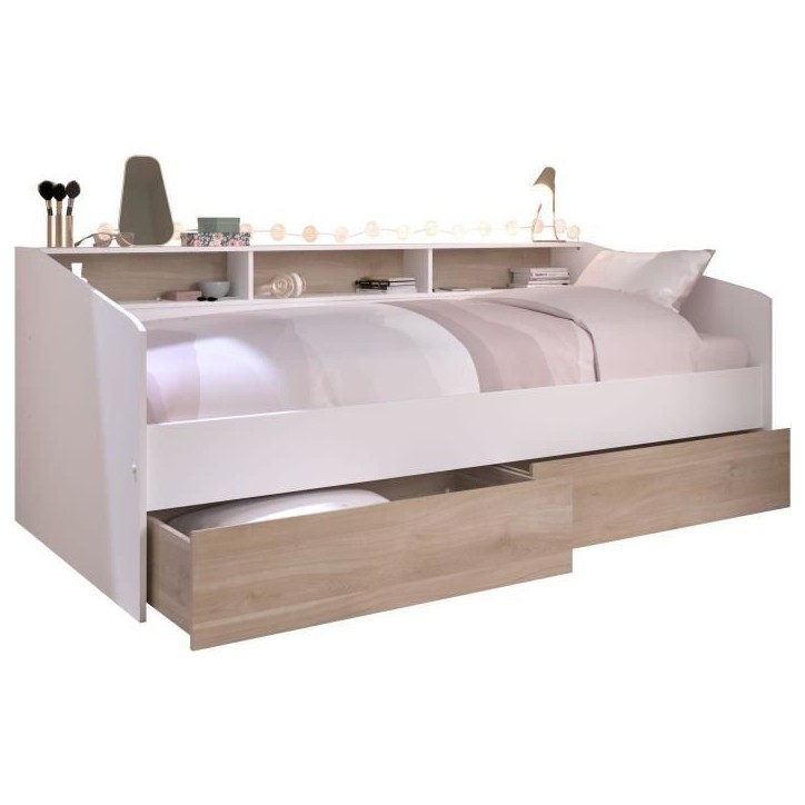 Lit banquette 2 tiroirs 90 x 200/190 cm - MDF - Mat décor chene et blanc - JOY - 2339ENSE