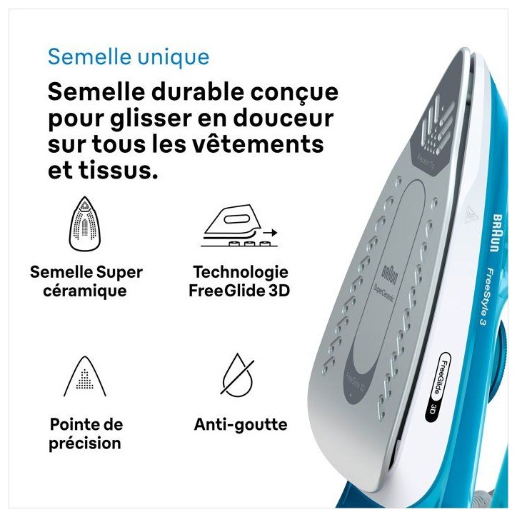 Fer a vapeur BRAUN FI3144 BL FreeStyle 3 - Semelle SuperCeramic - Puissance 2400 W - Vapeur constante 45 g/min Fer a vapeur BRAUN FI3144 BL FreeStyle 3 - Semelle SuperCeramic - Puissance 2400 W - Vapeur constante 45 g/min