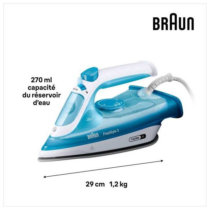 Fer a vapeur BRAUN FI3144 BL FreeStyle 3 - Semelle SuperCeramic - Puissance 2400 W - Vapeur constante 45 g/min Fer a vapeur BRAUN FI3144 BL FreeStyle 3 - Semelle SuperCeramic - Puissance 2400 W - Vapeur constante 45 g/min