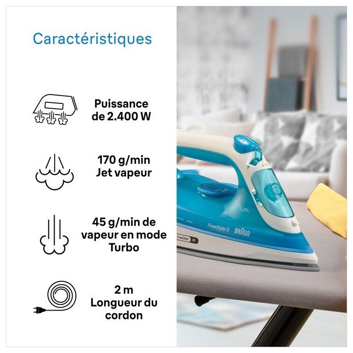 Fer a vapeur BRAUN FI3144 BL FreeStyle 3 - Semelle SuperCeramic - Puissance 2400 W - Vapeur constante 45 g/min Fer a vapeur BRAUN FI3144 BL FreeStyle 3 - Semelle SuperCeramic - Puissance 2400 W - Vapeur constante 45 g/min
