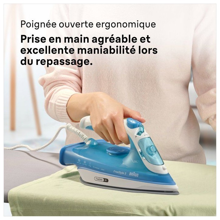 Fer a vapeur BRAUN FI3144 BL FreeStyle 3 - Semelle SuperCeramic - Puissance 2400 W - Vapeur constante 45 g/min Fer a vapeur BRAUN FI3144 BL FreeStyle 3 - Semelle SuperCeramic - Puissance 2400 W - Vapeur constante 45 g/min