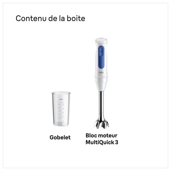 Mixeur plongeant - BRAUN - MultiQuick MQ30001M - 900 W - 2 vitesses - Blanc / Bleu Mixeur plongeant - BRAUN - MultiQuick MQ30001M - 900 W - 2 vitesses - Blanc / Bleu
