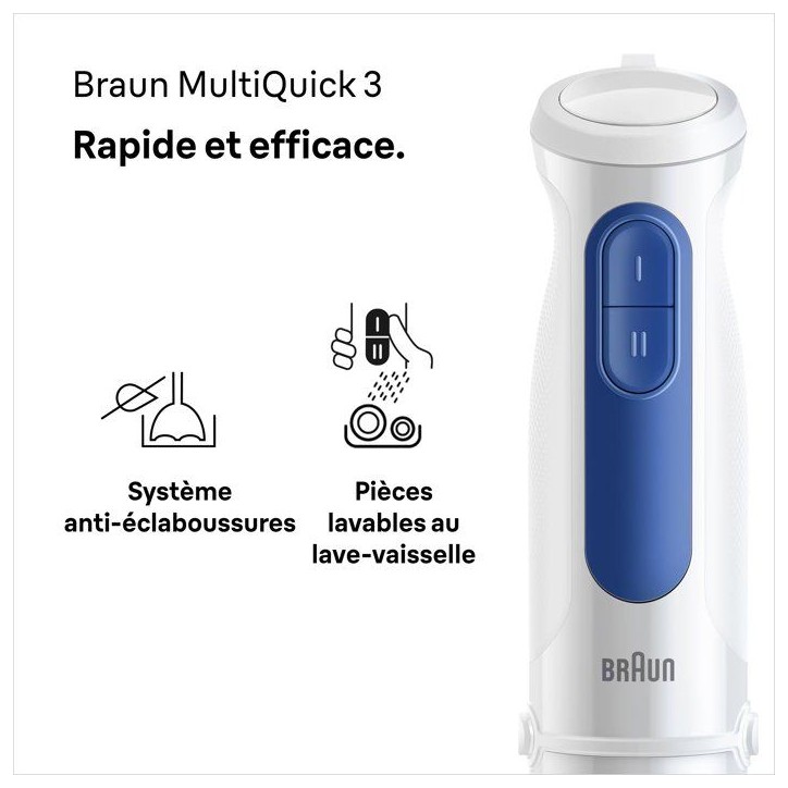 Mixeur plongeant - BRAUN - MultiQuick MQ30001M - 900 W - 2 vitesses - Blanc / Bleu Mixeur plongeant - BRAUN - MultiQuick MQ30001M - 900 W - 2 vitesses - Blanc / Bleu