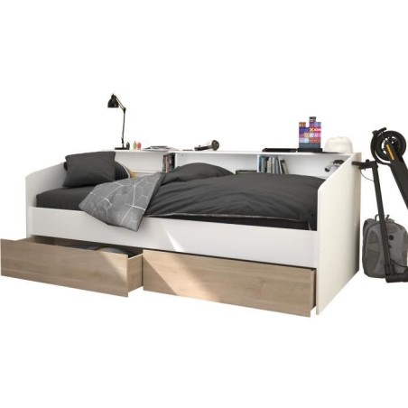 Lit banquette 2 tiroirs 90 x 200/190 cm - MDF - Mat décor chene et blanc - JOY - 2339ENSE