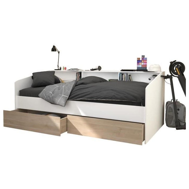 Lit banquette 2 tiroirs 90 x 200/190 cm - MDF - Mat décor chene et blanc - JOY - 2339ENSE
