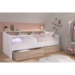 Lit banquette 2 tiroirs 90 x 200/190 cm - MDF - Mat décor chene et bl