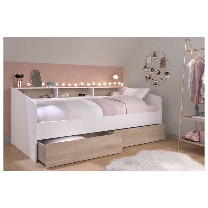 Lit banquette 2 tiroirs 90 x 200/190 cm - MDF - Mat décor chene et blanc - JOY - 2339ENSE